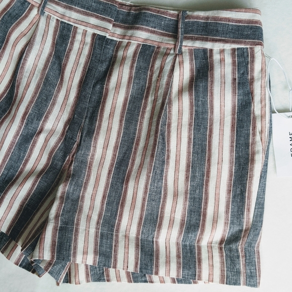 Frame Shorts Linen High Waist Zip Fly Striped Lined Natural Blue Red 8 NWT - Picture 4 of 14
